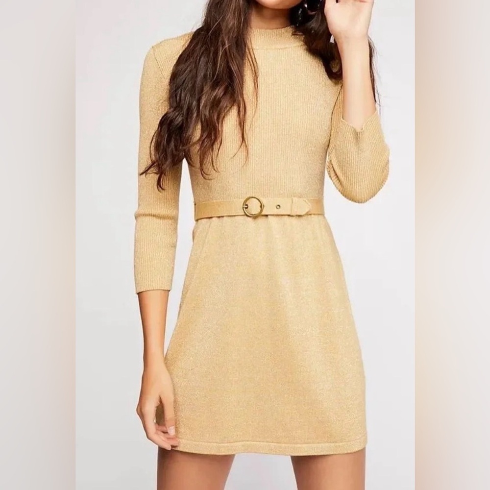 Free People French Girl Sweater Dress Size L Gold Shimmer Mock Neck Belted